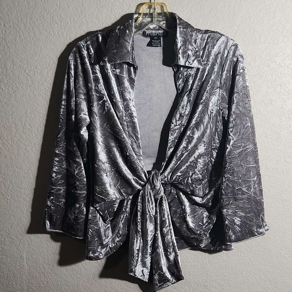 Mischa Top Womens Blouse shirt Size S gray 3/4 sleeve Velour Chinch Waist.tie